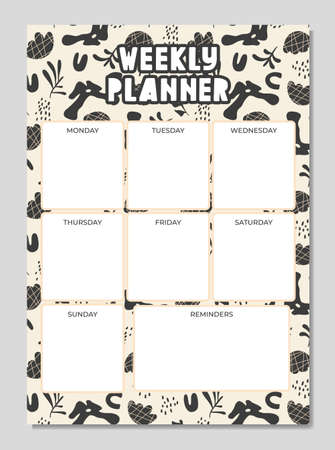 Weekly check list planner, note paper, to do list decorated with cute cartoon doodle flowers and botanical illustrations and inspirational quote. School scheduler and organizer.のイラスト素材