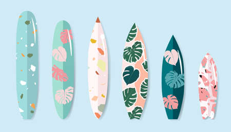 Variety of standing surfboards set. Isolated hand drawn vector surfing boards with monstera and terrazzo print. Summer sports and activities conceptual illustration. trendy designのイラスト素材