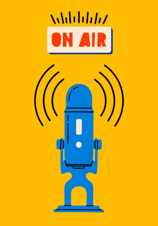 Mic and on air doodle icons. Sound recording device, media equipment hand drawn vector illustration. Microphone, broadcasting line art drawing isolated on white background.のイラスト素材