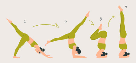 woman wearing sportswear doing yoga step by step. Young slim girl doing yoga. Hand drawn colored...