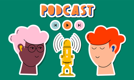 Headphones, microphone, two guys, lettering icons. Podcast recording and listening, broadcasting, online radio, audio streaming service concept. Hand drawn vector isolated colorfulのイラスト素材