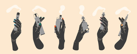 Hands holding vapes, colorful illustrations set. Electronic cigarettes and vape concept. Modern...