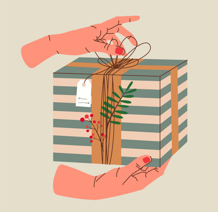 Hands holding Christmas gift in kraft paper with tag and berries. Present box in craft wrapping paper with bow and branches. Colored flat vector illustration isolated on backgroundのイラスト素材