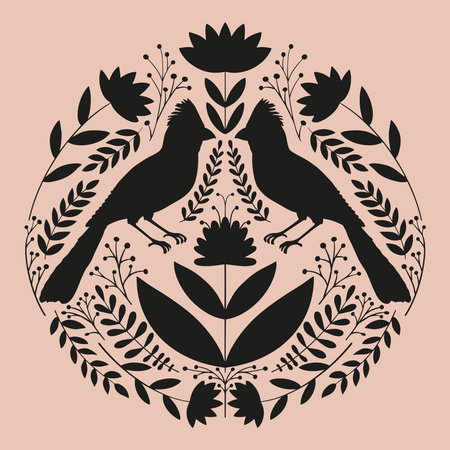 Symmetrical ornament with birds, flowers and leaves with different folk compositions. Motif in scandinavian style. Ethnic flat illustration with paper texture in white.のイラスト素材