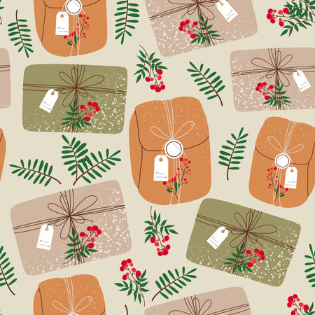 Christmas gifts in kraft paper with tag and berries. Pattern of present boxes in craft wrapping paper with bow and branches. Colored flat vector illustration isolated on beigeのイラスト素材