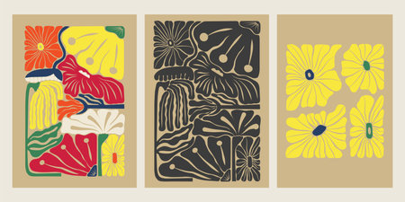 Set of abstract hand drawn aesthetic floral illustration posters. Botanical retro concept templates perfect for postcards, wall art, banner, background etc.のイラスト素材