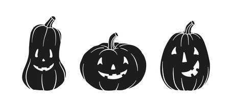 Set of different pumpkins. Main symbol of Halloween. Black pumpkins with various funny faces. Template for your design. Hand drawn trendy Vector illustration.のイラスト素材