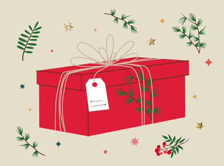 Hands holding Christmas gift in red kraft paper with tag and branches. Present box in craft wrapping paper with bow and branches. Colored flat vector illustration isolatedのイラスト素材