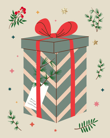 Christmas gift in kraft paper with tag and branches. Present box in craft wrapping paper with bow and branches. Colored flat vector illustration isolated on background.のイラスト素材