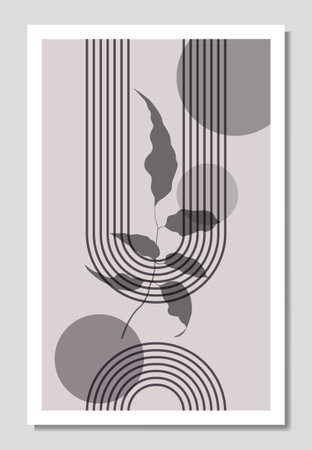 Botanical and geometric poster vector set. Floral line art drawing with abstract shapes. Abstract leaf art design for print, cover, wallpaper, Minimalistic and natural wallpaper.のイラスト素材