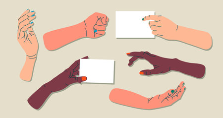 Set of illustrated female hands. Variety of gestures. Hand holding paper. Trendy isolated vector flat illustration set. Group of trendy hands for web design and print.のイラスト素材