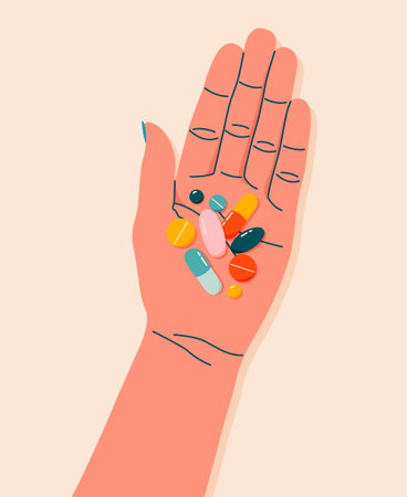 Colorful pills, drugs, vitamins in woman's hand. Female hand holding pills. health care and medicine concept. Hand drawn modern flat vector illustration for web banner, card design.のイラスト素材