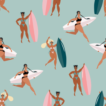 Girls with surfboards seamless pattern. Women with surfing boards. Tanned female surfer with boards. Active summer sport vector illustration. Modern poster design for web and printのイラスト素材