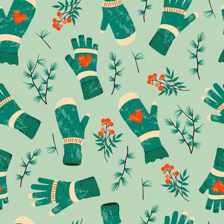 Cute mittens seamless pattern. Winter gloves and winter holiday concept. Hand drawn flat textured holiday greeting card with branches and berries. Cute green mittens.のイラスト素材