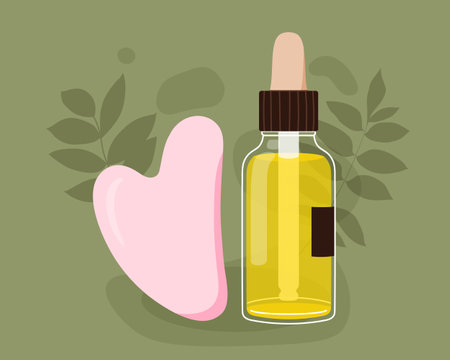 Massage kit: gua sha massager and face oil for beauty procedure. skincare concept. Daily skin care routine and hygiene concept. Flat vector illustration.のイラスト素材
