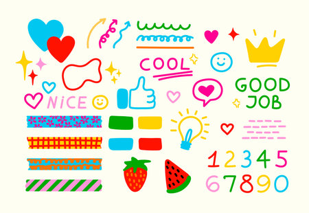 Abstract colorful doodle shapes set. Colorful hand drawn doodle shapes set isolated on white background. Random childish color shapes and scribble bundle.のイラスト素材