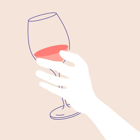 Woman's hand holding glass os white wine. Flat illustration for greeting cards, postcards, invitations, menu design. line art template.のイラスト素材