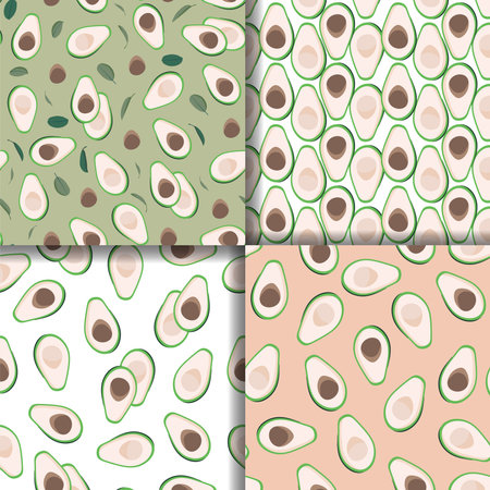 Seamless patterns sliced avocado with seeds set on white, green and coral background. Vector illustration for wrapping paper, greeting cards, wallpaper, fabric, textiles.のイラスト素材