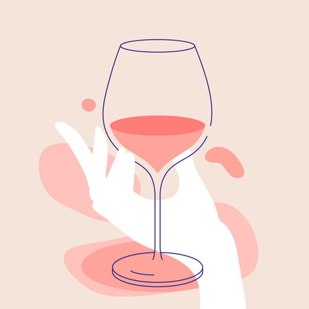 Woman's hand holding glass of red wine. Flat illustration for greeting cards, postcards, invitations, menu design. line art template.のイラスト素材