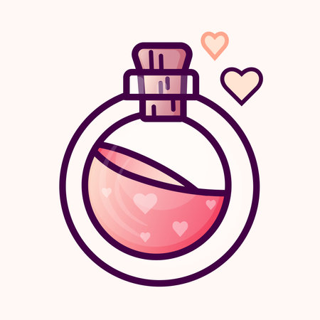 Love potion bottle icon. Valentine's day logo with heart illustration. Pink love liquid design. Flat design sticker.のイラスト素材