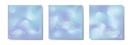 Set of 3 holographic square backgrounds gradient shades, colorful northern lights colors. Vector backdrop for your design.のイラスト素材