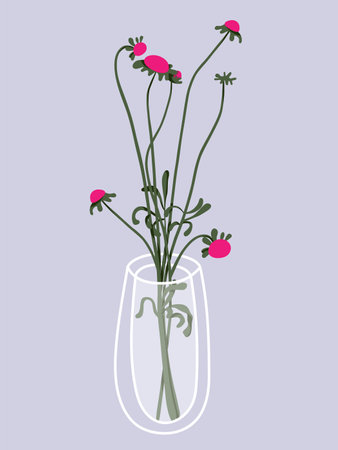 Glass vase with flowers and branch in it. hand drawn floral illustration. home decor concept. Modern flat drawing for logo, pattern, web and app design.のイラスト素材