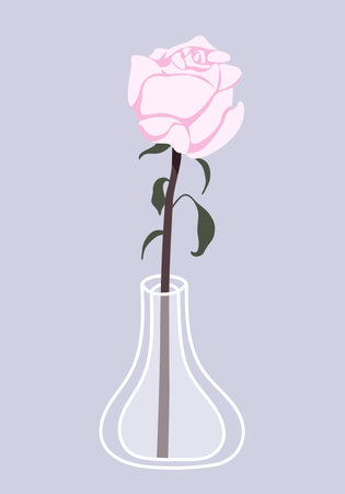 Glass vase with rose flower in it. hand drawn floral illustration. home decor concept. Modern flat drawing for logo, pattern, web and app design.のイラスト素材