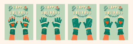 Hands in mittens with happy holidays text. Winter gloves and winter holiday concept. Hand drawn flat holiday set of greeting cards with hands. Cute green mittens.のイラスト素材