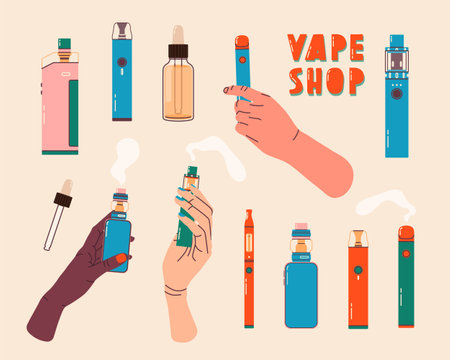 Vape shop colorful set. Electronic cigarettes and vape set. Modern vector illustration. Variety of designs vape pens and hands holding pod mods. Flat vector design for web.のイラスト素材