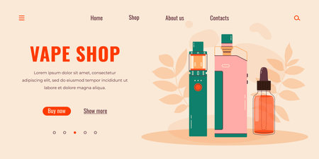 Vape shop colorful web page. Electronic cigarettes and vapes. modern vector illustration. Alternative smoking device. Flat vector design for web.のイラスト素材