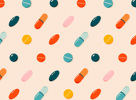 Colorful pills, drugs, vitamins seamless pattern. Healthcare, coronavirus and medicine concept. Hand-drawn modern vector illustration for web banner, card design.のイラスト素材