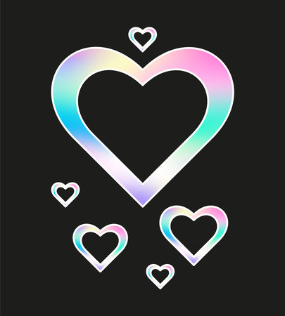 Holographic hearts sticker for Valentine's day. Hologram label of different shapes. Vector sticker for design mockups. Holographic textured sticker for preview tags, labelsのイラスト素材