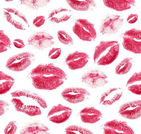 Romantic print with lips seamless pattern. Modern lips icons. Realistic lipstick print isolated on white. Trendy vector design for Valentines Day or wedding.の写真素材