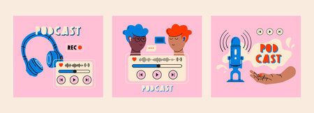 Headphones, music icon, microphone, two men listening to podcast. Podcast recording and listening, broadcasting, online radio, audio streaming service concept. hand drawn vectorのイラスト素材