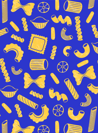 Italian pasta seamless pattern isolated on blue background. Different types of pasta. Spaghetti, Farfalle, penne, rigatoni, ravioli, fusilli, conchiglie, elbows, rotelle, orzo etc.の写真素材