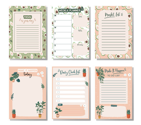 Set of 6 lists: weekly planner list, note paper, to do list and market list decorated with avocado pattern, house plants and inspirational quote. School scheduler and organizer.のイラスト素材