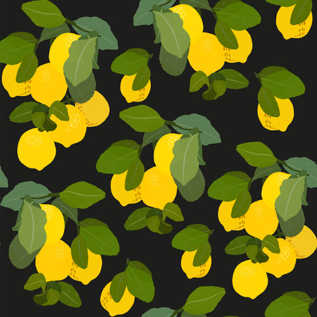 Lemon gouache flat illustrations seamless pattern. Green leaves and lemons isolated on black background for wrapping paper, wallpaper, fabricのイラスト素材