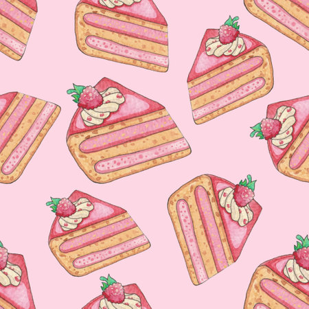 Seamless pattern of sweet baked vector isolated cakes. Raspberry cake for holidays. Colorful birthday celebration cake bakery with fruit. Vector watercolor pattern.の写真素材