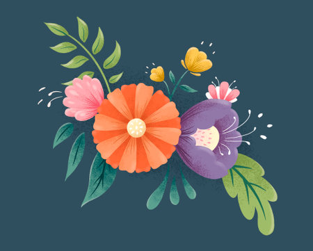 Colorful flowers bouquet composition. Floral illustration, leaf and buds. Botanic composition for wedding or greeting card. Branch of wildflowersの写真素材