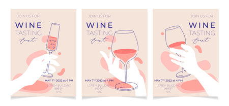 Set of outline illustrations of wine glass with white, red and sparkling wine, vector. Splashes of wine, liquid, drops. Drawings for wine designs. Event, party, presentation, promotion, menu.のイラスト素材