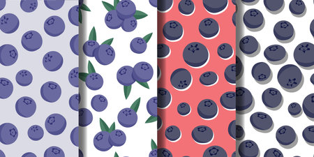 Set of 4 seamless patterns blueberry and blackberry with leaves on white, purple and pink background. Vector illustration for wrapping paper, greeting cards, wallpaper, fabric, texのイラスト素材