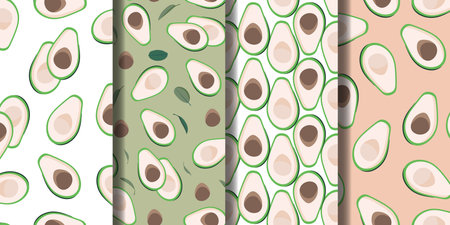 Seamless patterns sliced avocado with seeds set on white, green and coral background. Vector illustration for wrapping paper, greeting cards, wallpaper, fabric, textiles.のイラスト素材
