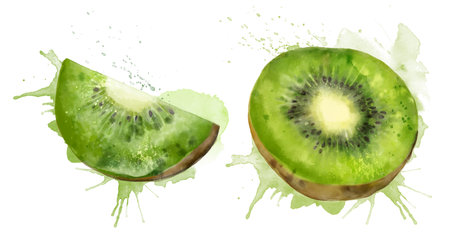 Set of watercolor fresh green summer illustrations of kiwi. Isolated illustrations on a white background, for postcards, patterns, and textiles.のイラスト素材