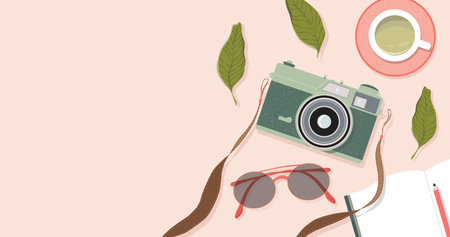 Film camera, tea cup, glasses and note book on the table. Trendy top down view illustration. working...