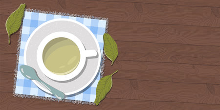 Tea cup and spoon on the table. Trendy top down view illustration with wooden background. Modern minimalistic hand drawn cafe space design for web card, banner.のイラスト素材