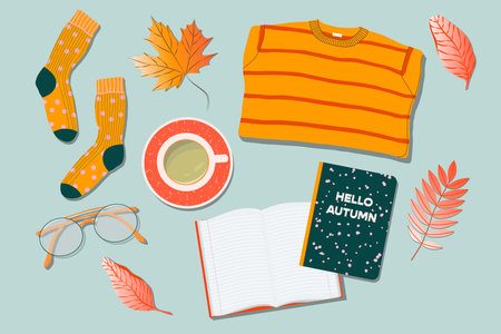 Sweater, tea cup, glasses, socks, leaves and note book on a table. Trendy top down view illustration. autumn atmosphere. Modern minimalistic hand drawn group of things.のイラスト素材
