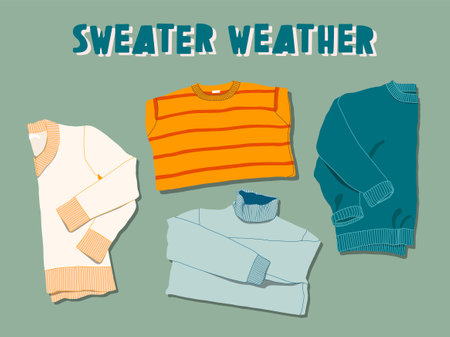 Variety of sweaters on a table. Trendy top down view illustration. Autumn atmosphere, sweater weather. Modern minimalistic group of clothes design for web card, banner.のイラスト素材