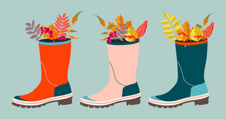 Variety of autumn leaves in wellies composition. Trendy vector rain boots and leaves. Modern illustration design for web and print. Autumn holiday atmosphere concept.のイラスト素材