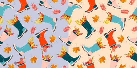Autumn leaves in wellies pattern. Colorful seamless pattern design with two colors background. Fall mood atmosphere. Beautiful vector design for web and printのイラスト素材