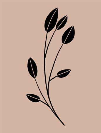 Ornamental leaves on a branch black shape. Motif in scandinavian style. Ethnic flat illustration in black.のイラスト素材